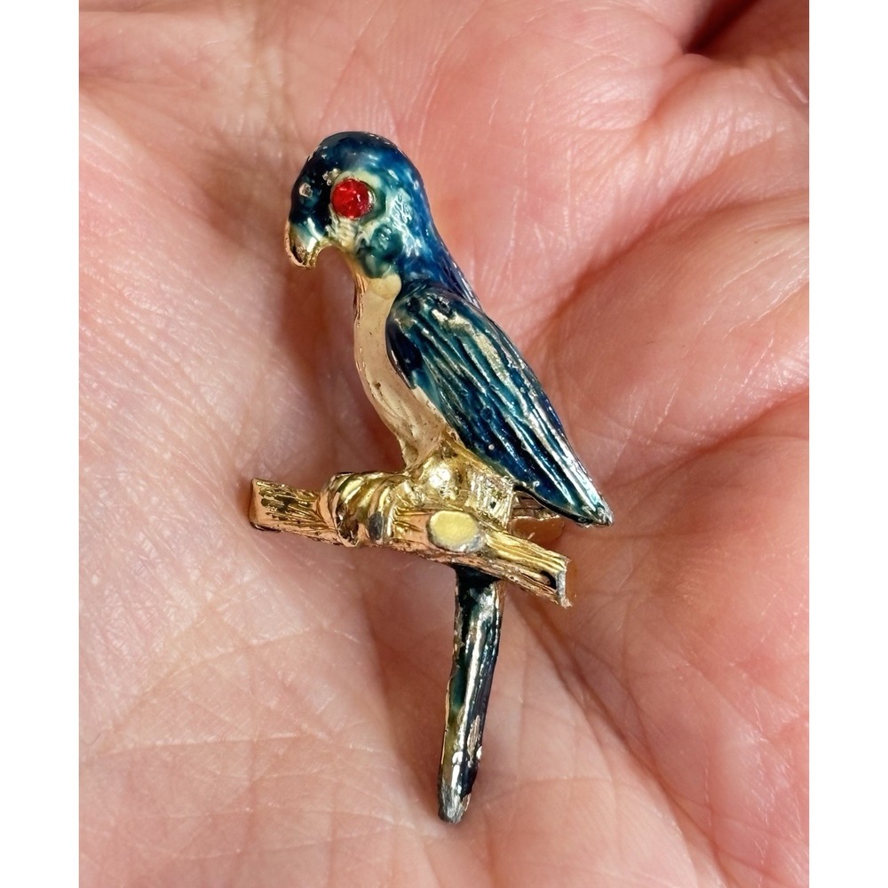 Vintage Blue Parrot Brooch Pin Red Rhinestone Eye Bird Jewelry Retro Parakeet